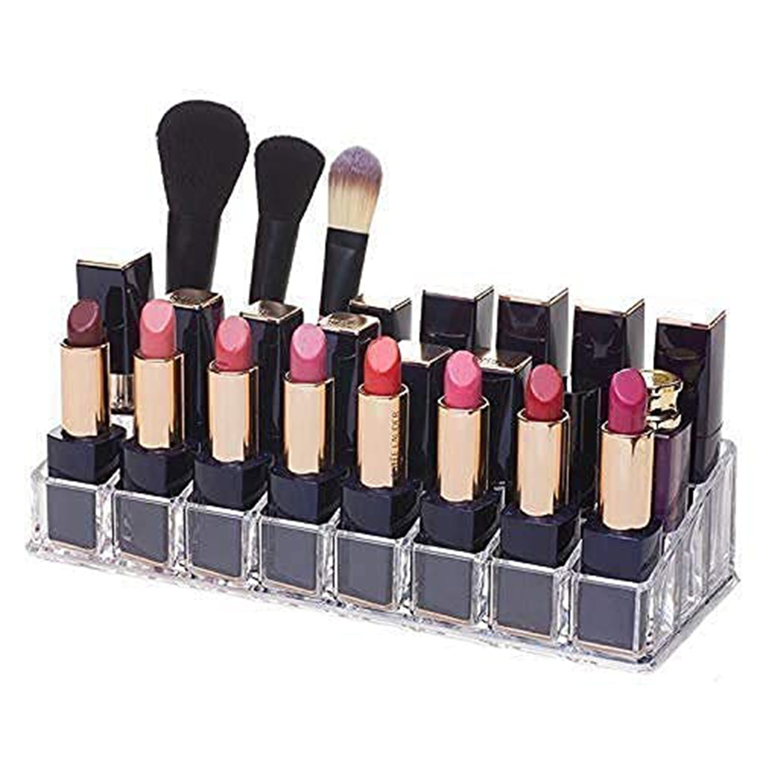 Acrylic lipstick and cosmetics stand with 24 sections, showcasing its clear and organized design Acrylic lipstick and cosmetics stand with 24 sections, showcasing its clear and organized design